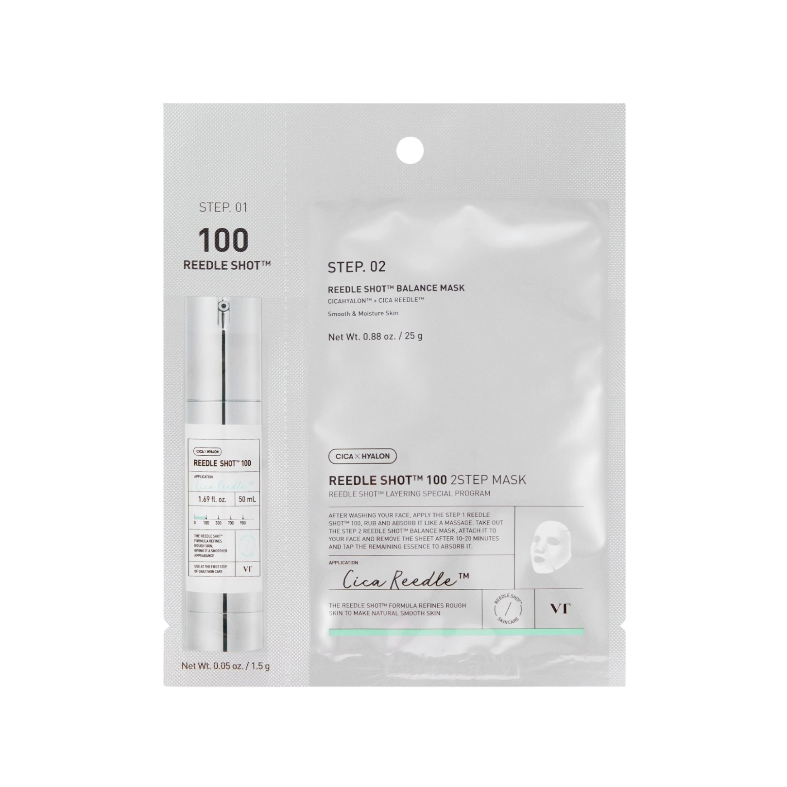 VT Cosmetics Reedle Shot 100 2 Step Mask 2 žingsnių veido priežiūros kompleksas su mikroadatėlėmis